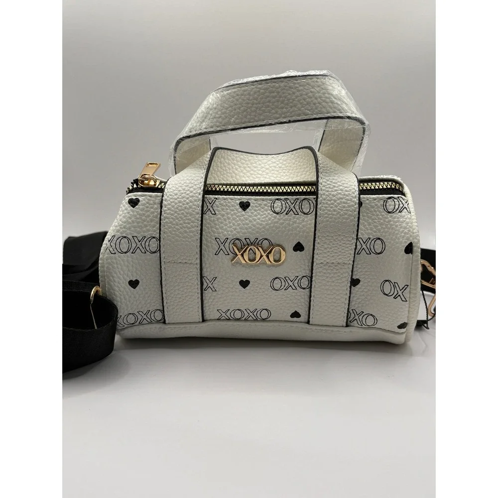 XOXO White Mini Cylinder Duffle Crossbody Bag Heart Print Gold Hardware New